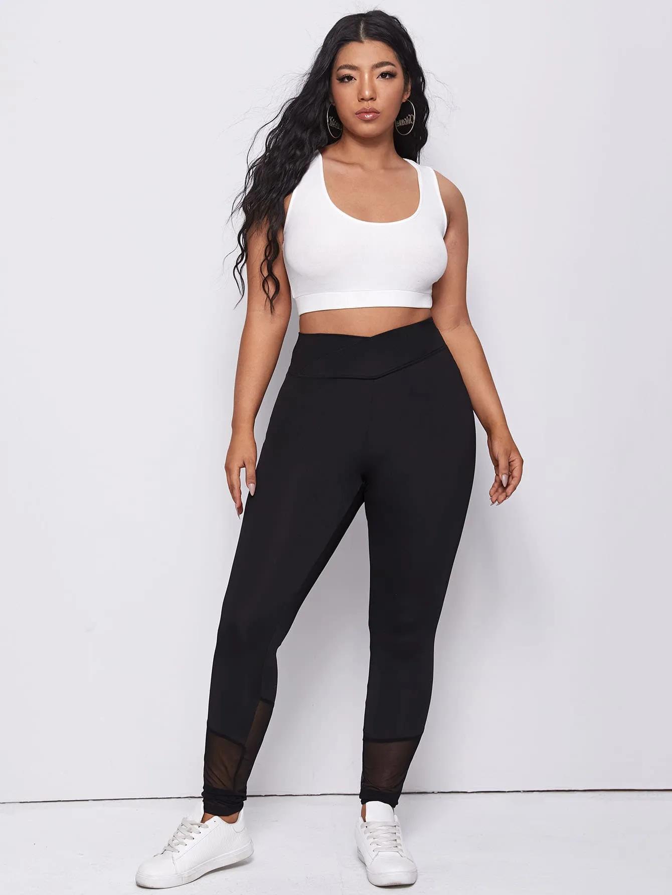 Plain Contrast Mesh Long Plus Size Leggings