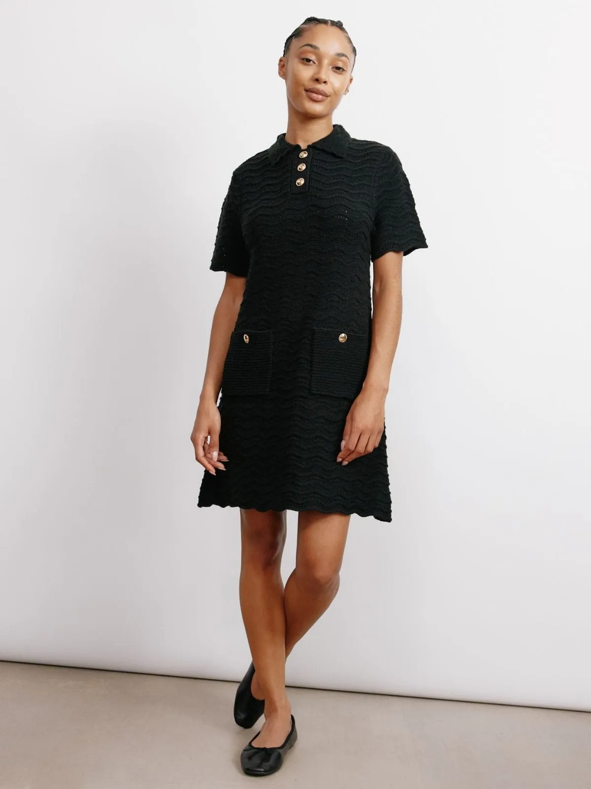 Pointelle Knit Dress - Black