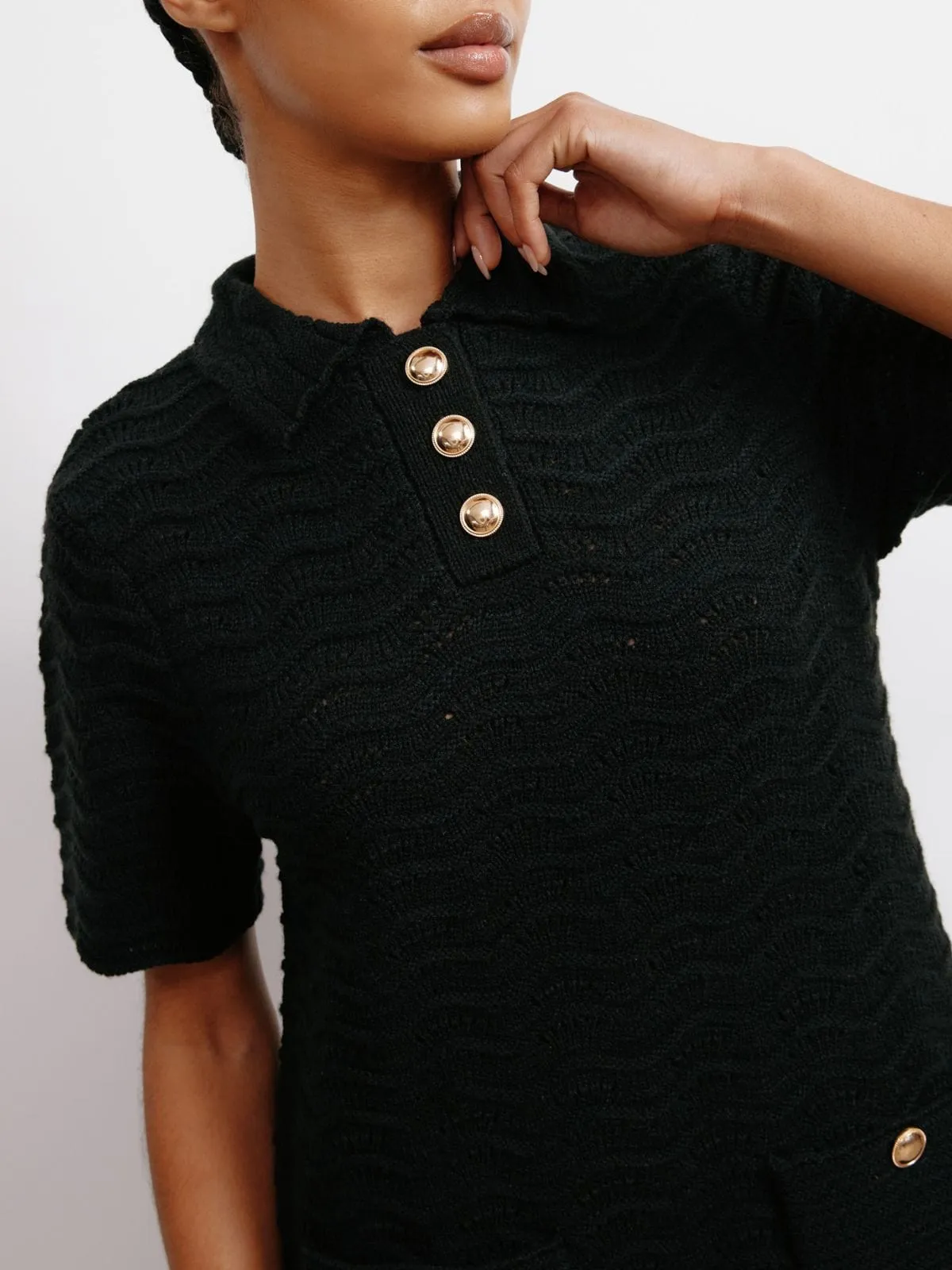 Pointelle Knit Dress - Black