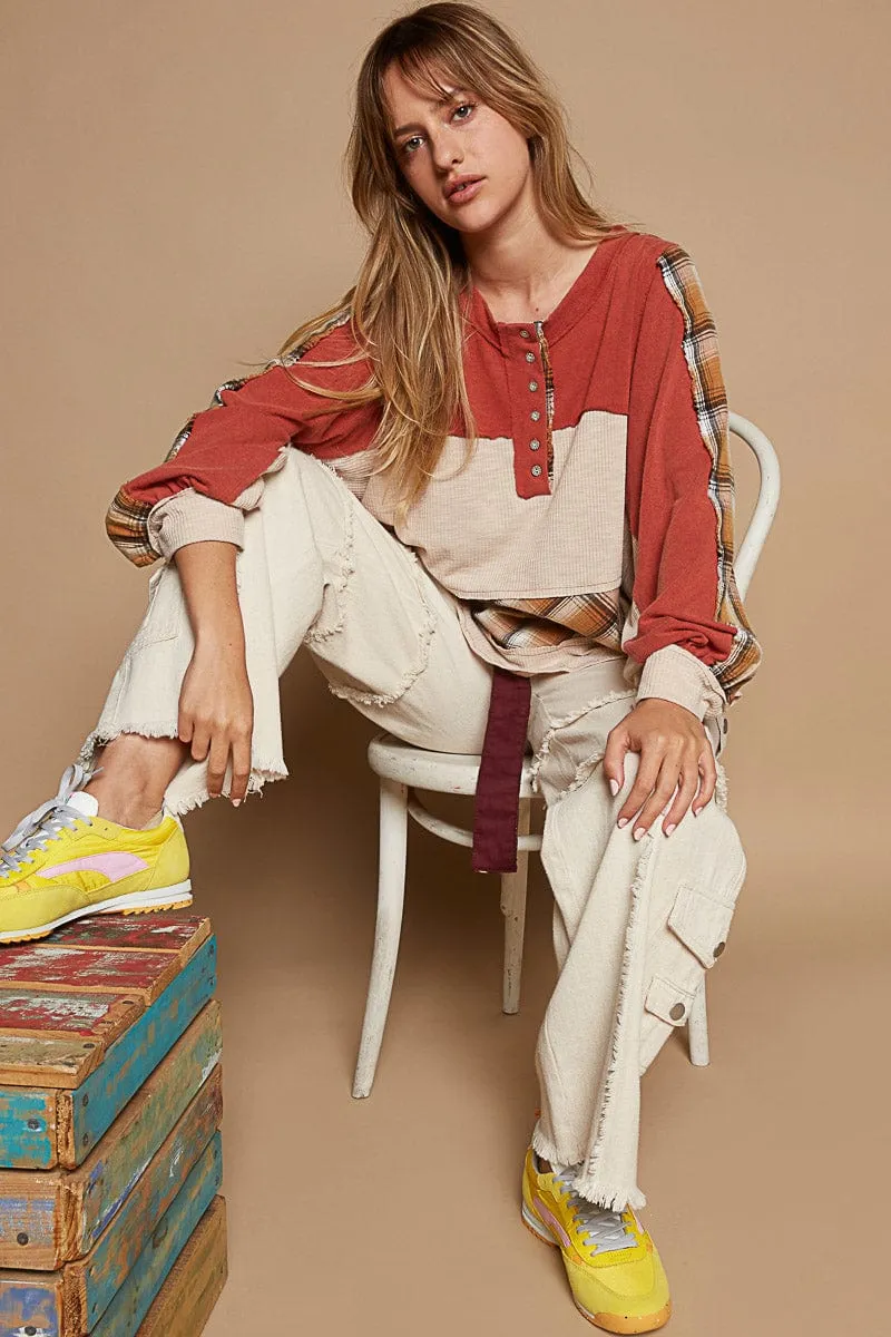 POL Clothing Plaid Knit Mix Henley Neck Relaxed Fit Long Sleeve Top