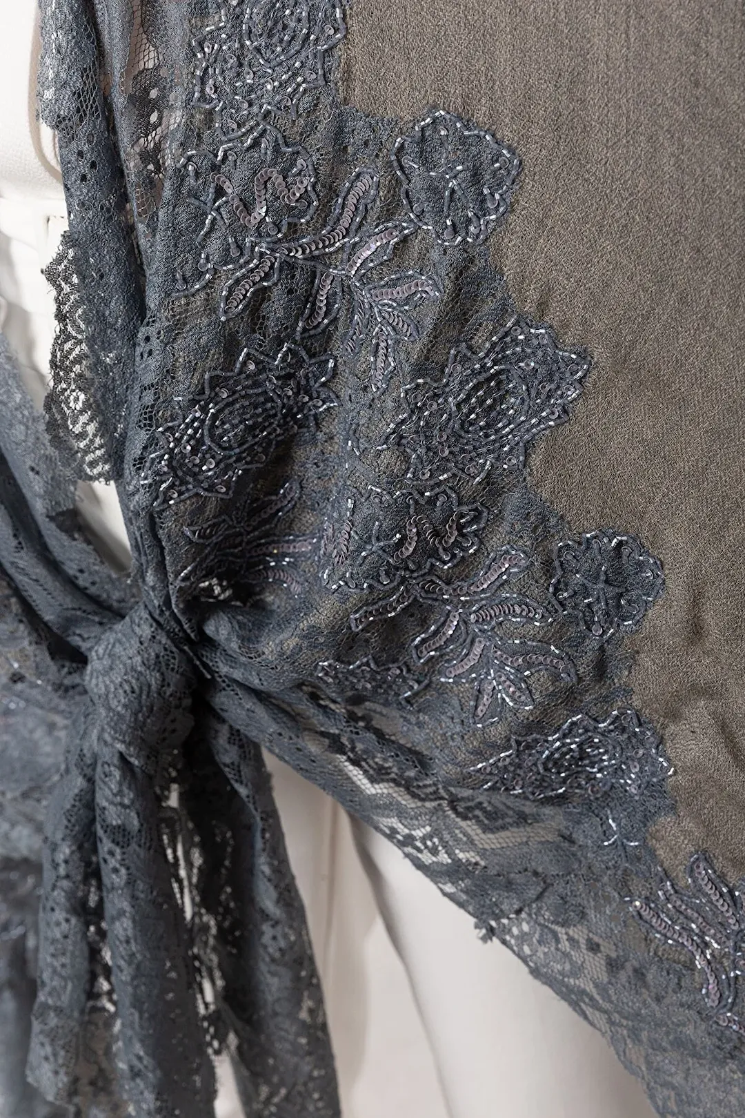 Poncho Embroidered Cashmere Silk Lace - Light Sepia Gray Blue