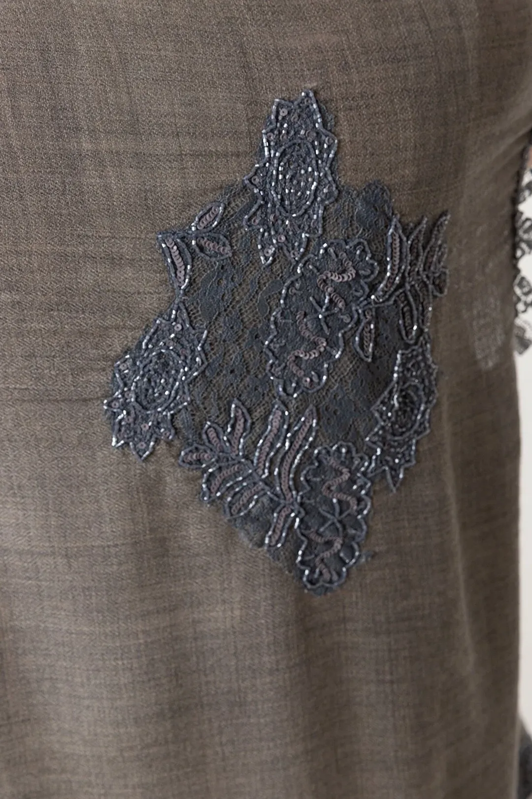 Poncho Embroidered Cashmere Silk Lace - Light Sepia Gray Blue