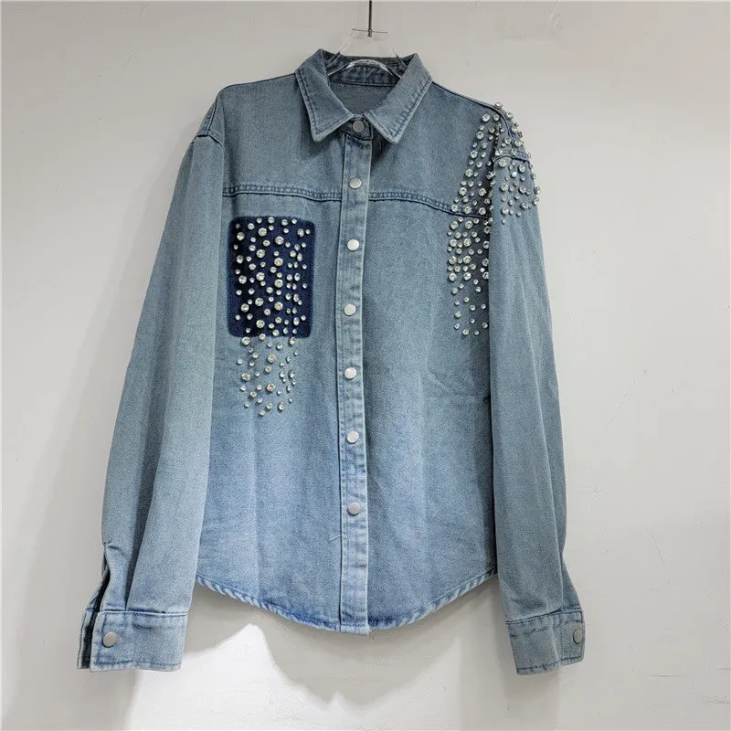 Pre Order:  Nail Bead Diamond Inlaid Loose Long Denim Shirt