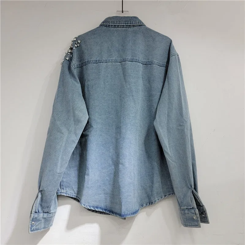 Pre Order:  Nail Bead Diamond Inlaid Loose Long Denim Shirt