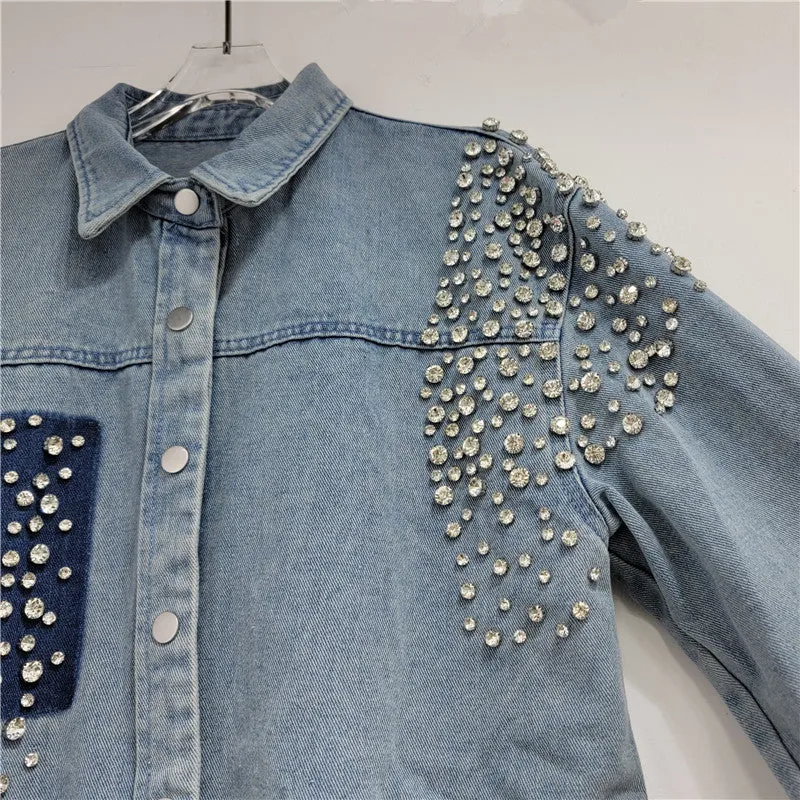 Pre Order:  Nail Bead Diamond Inlaid Loose Long Denim Shirt