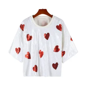 Pre Order:  White Hearts Sequined Round Neck Top