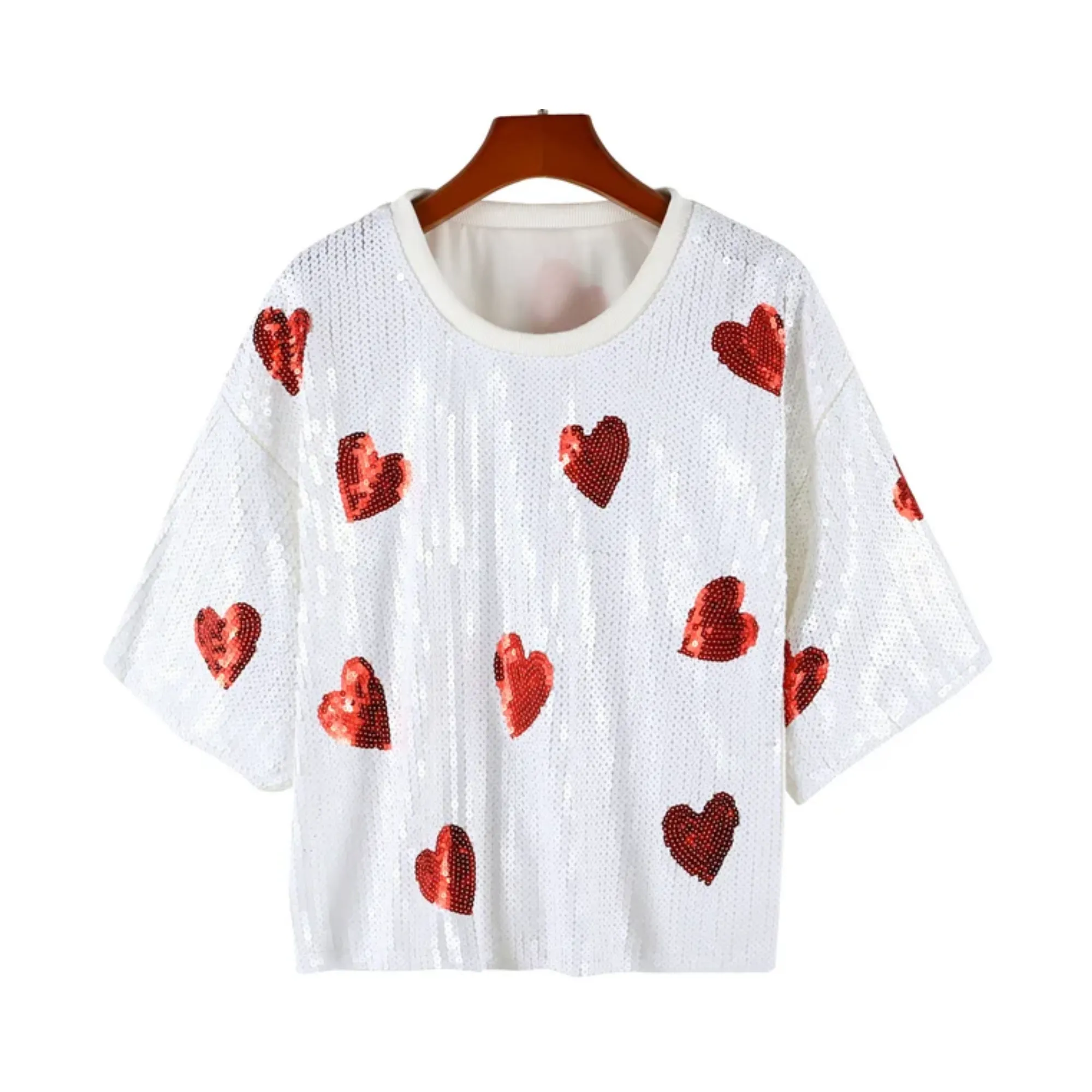 Pre Order:  White Hearts Sequined Round Neck Top