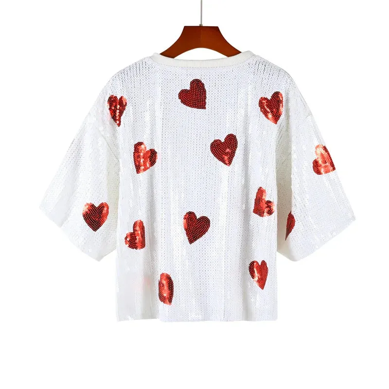 Pre Order:  White Hearts Sequined Round Neck Top