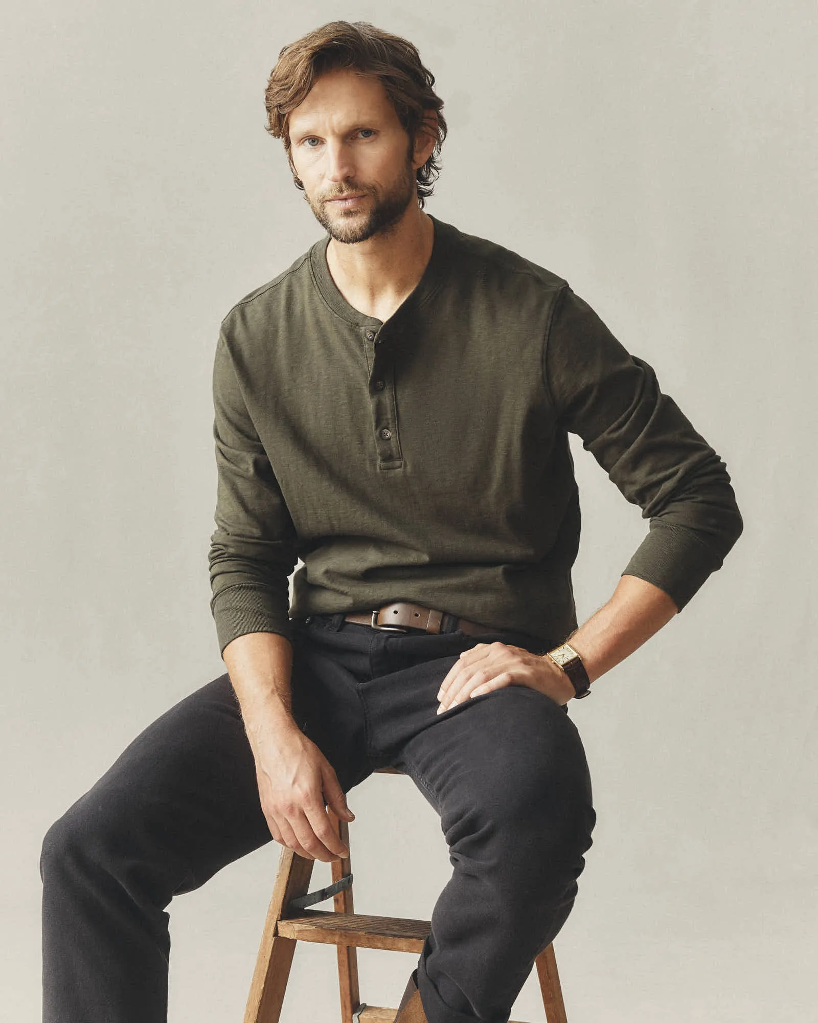 Premium Slub Henley Tee Long Sleeve - Deep Olive