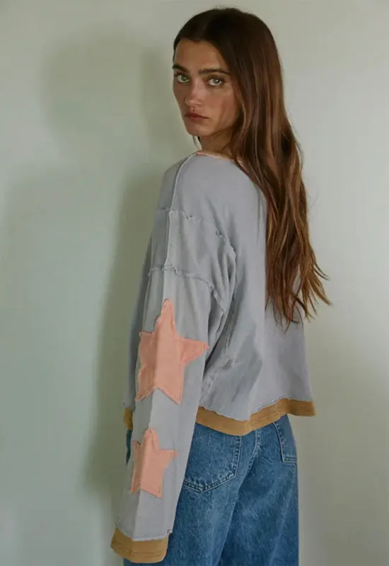 Pullover Top with Star Detail - Washed Blue