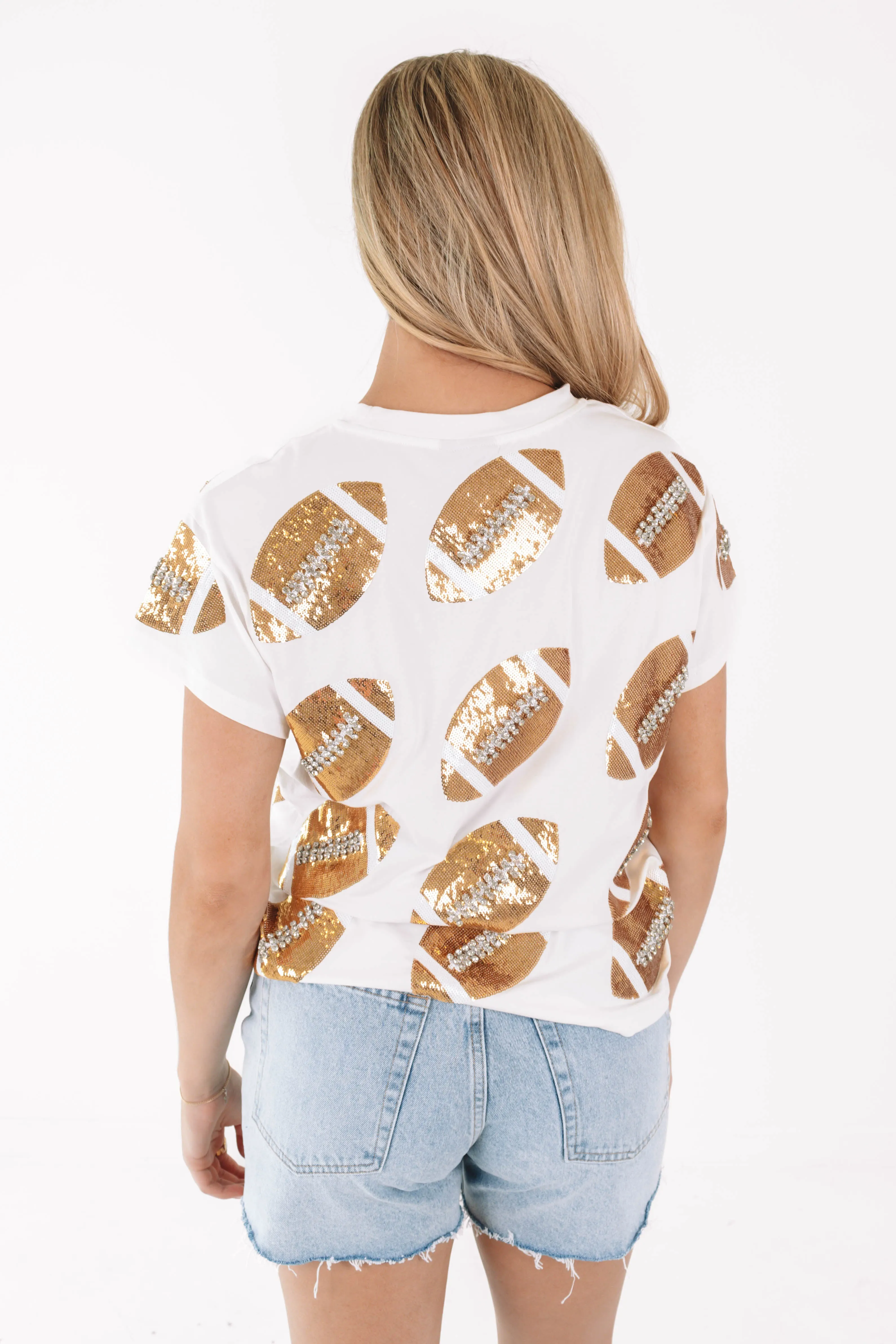 Queen Of Sparkles Rhinestone Football Tee - White
