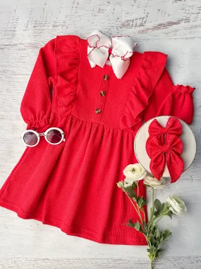 Red Waffle Knit Ruffle Dress
