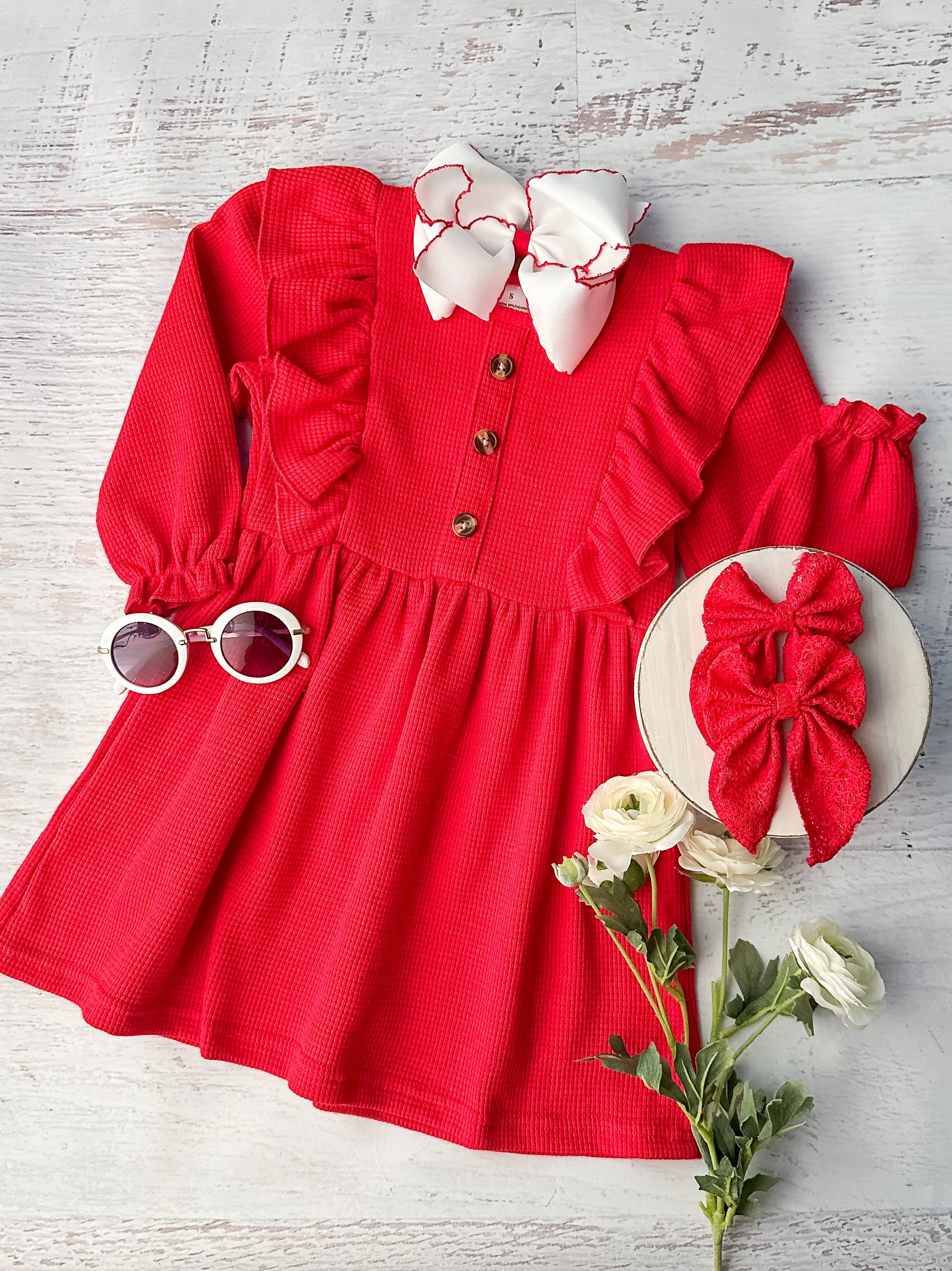 Red Waffle Knit Ruffle Dress