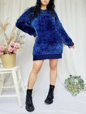 Retro 90s handmade blue furry fluffy knit colorful mini dress