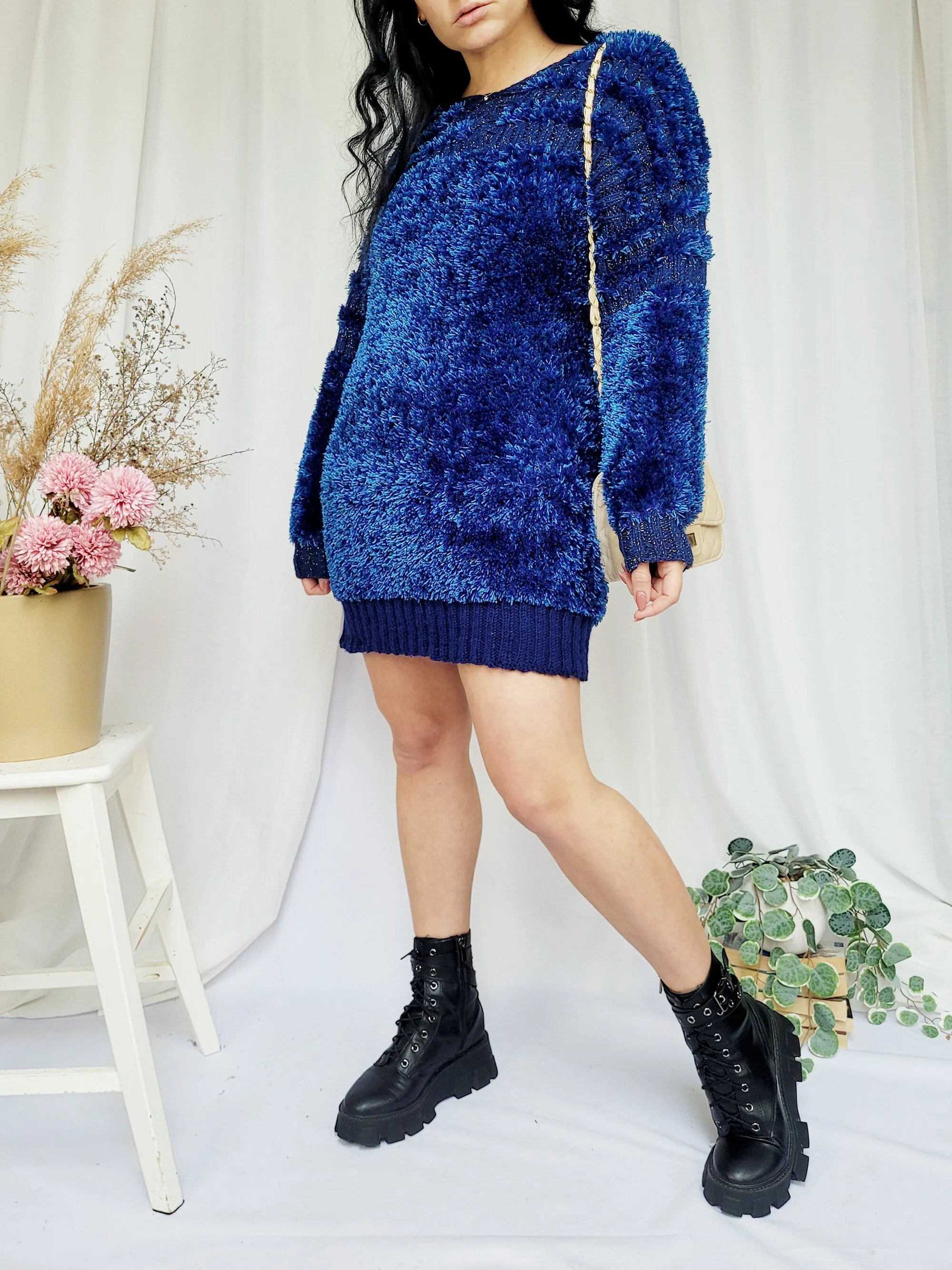 Retro 90s handmade blue furry fluffy knit colorful mini dress