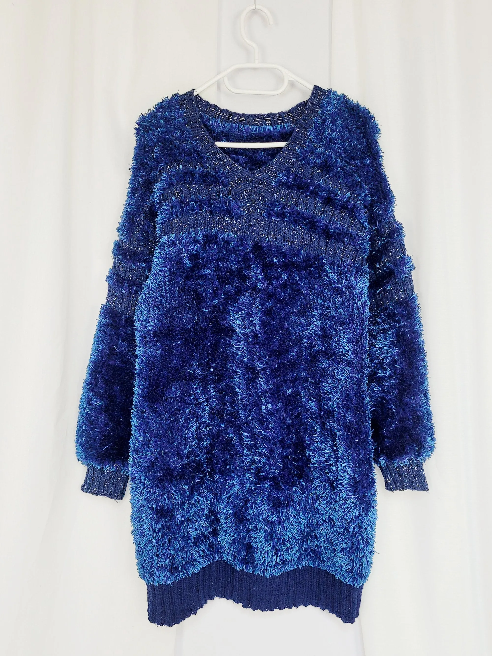 Retro 90s handmade blue furry fluffy knit colorful mini dress
