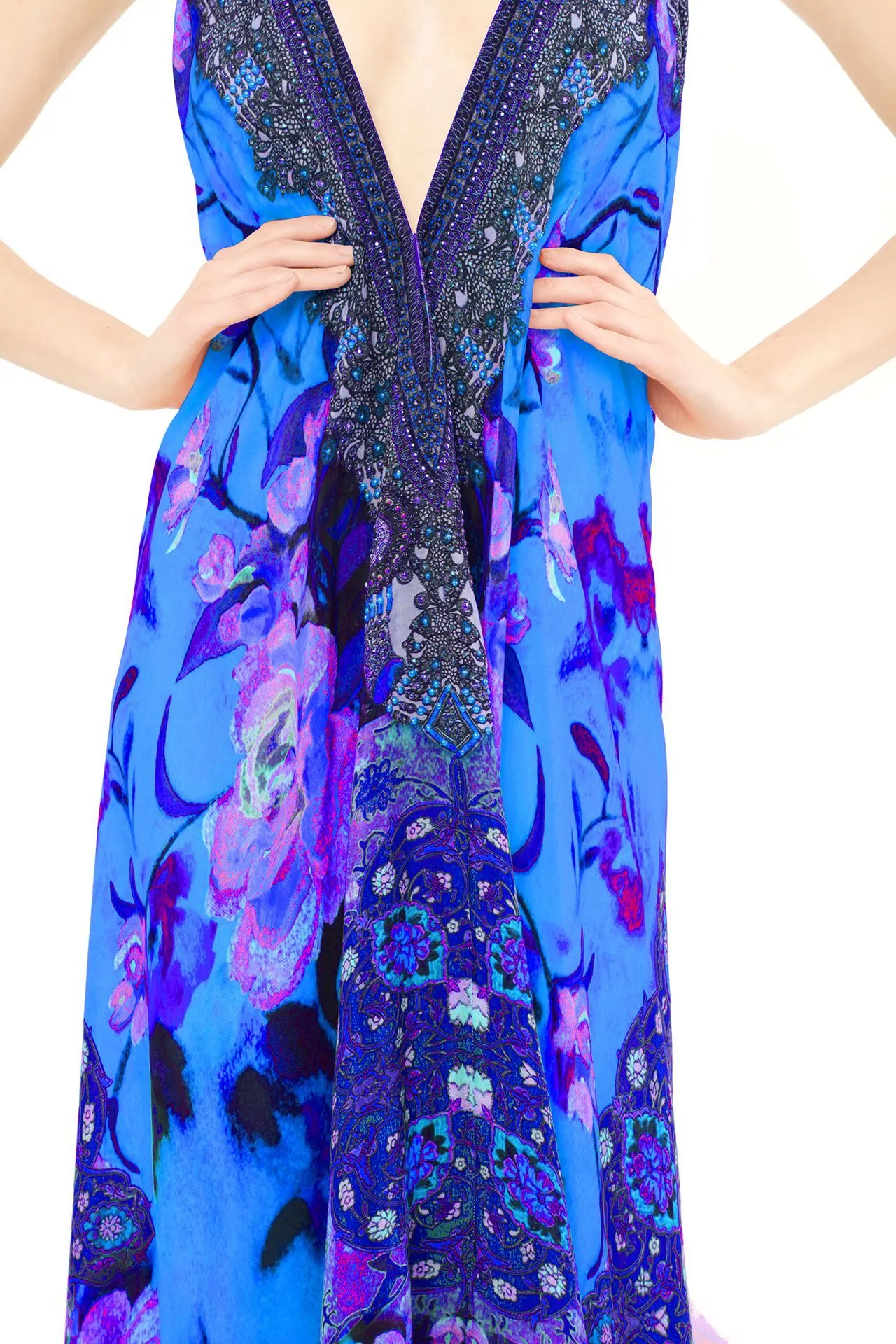 Rose Print Long Blue Dress