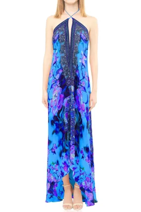 Rose Print Long Blue Dress