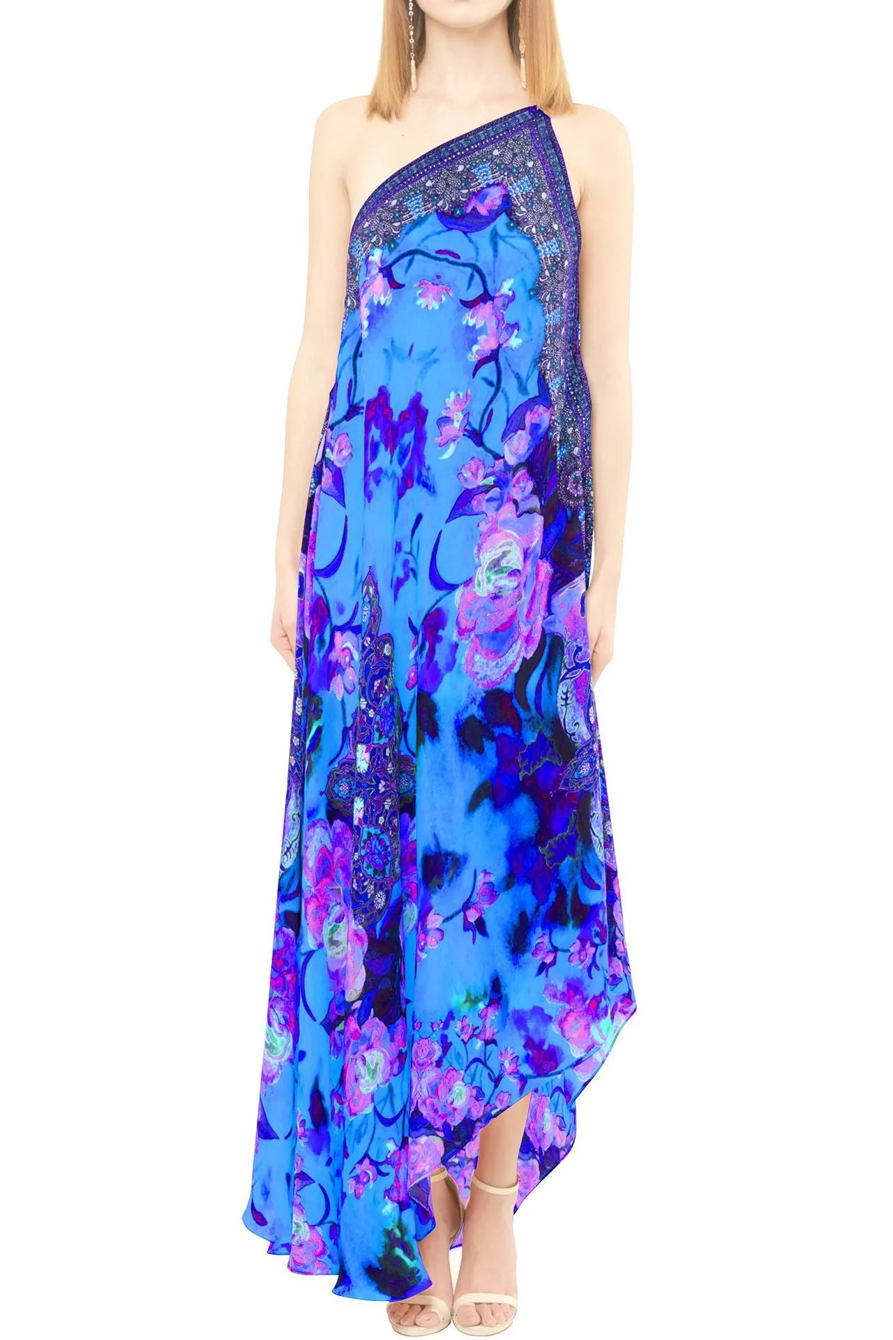Rose Print Long Blue Dress