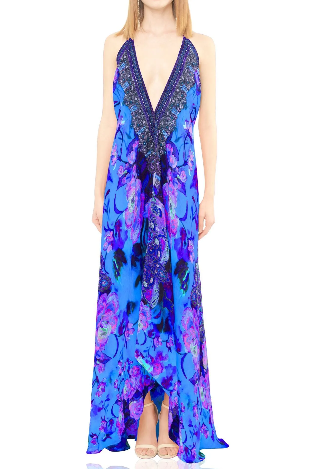 Rose Print Long Blue Dress