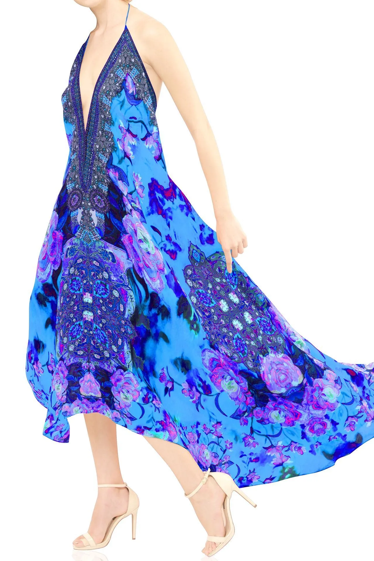 Rose Print Long Blue Dress