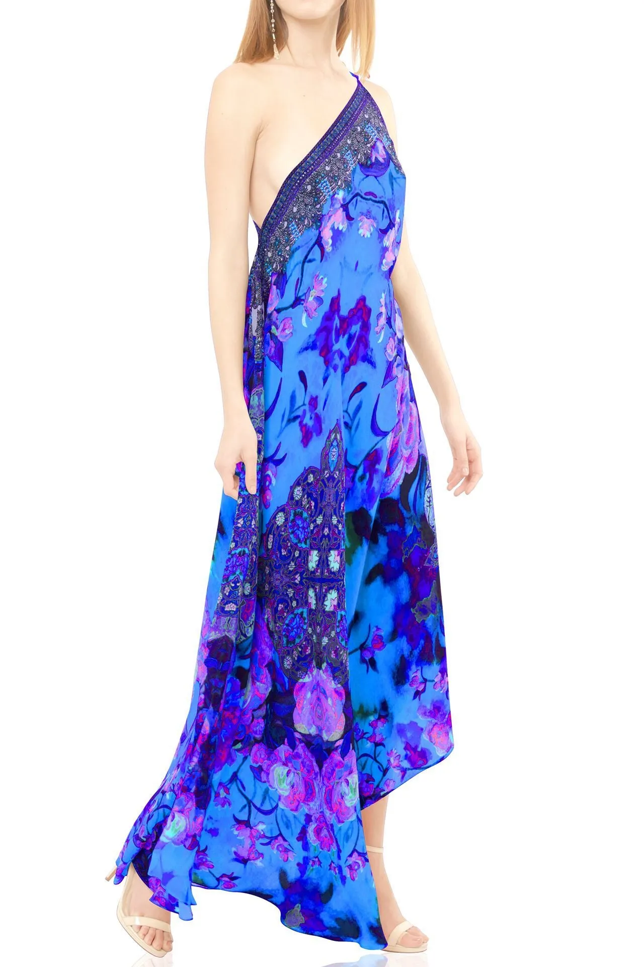 Rose Print Long Blue Dress