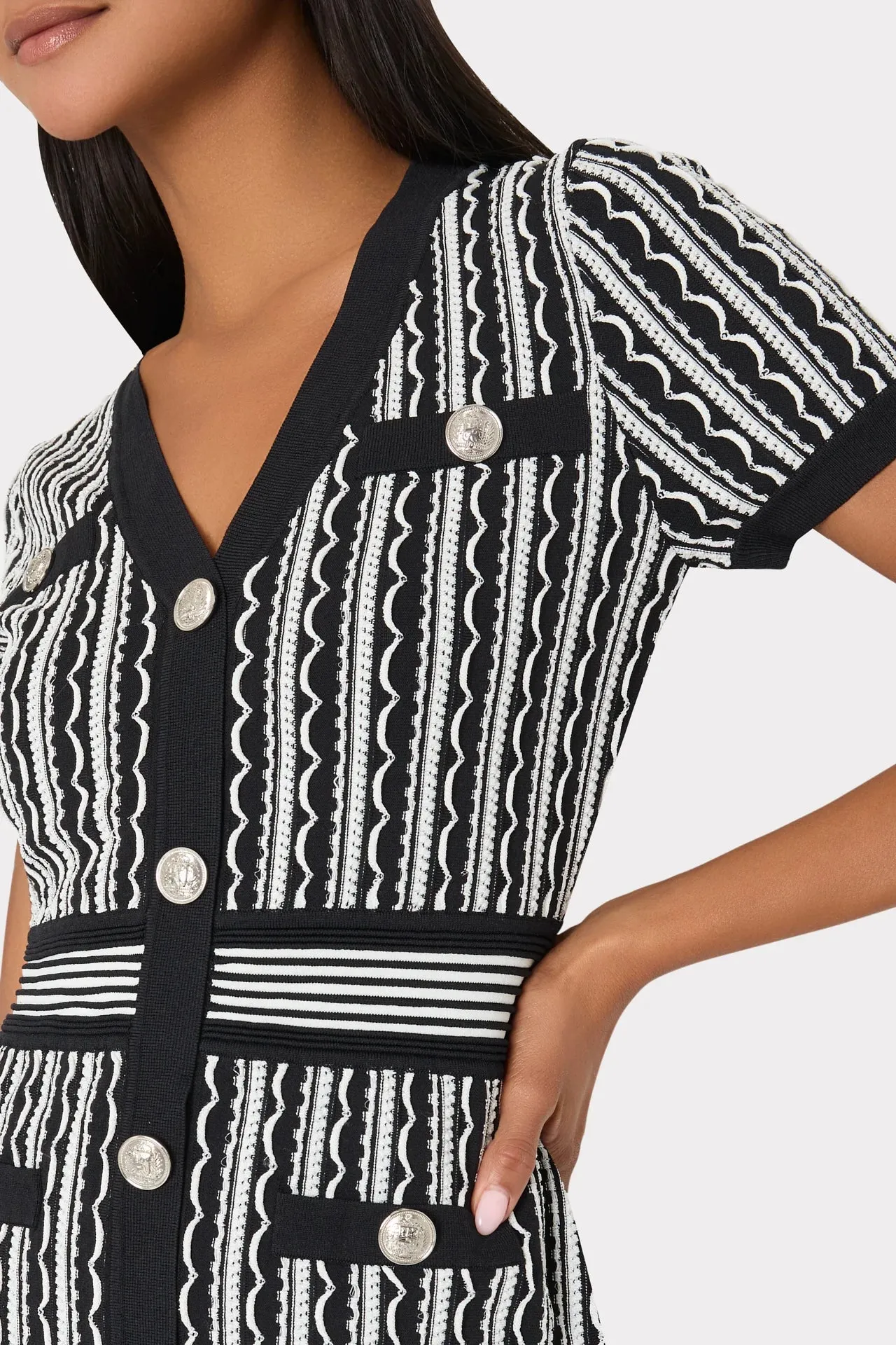 Scallop Textured V Neck Knit Mini Dress Black Multi - Milly