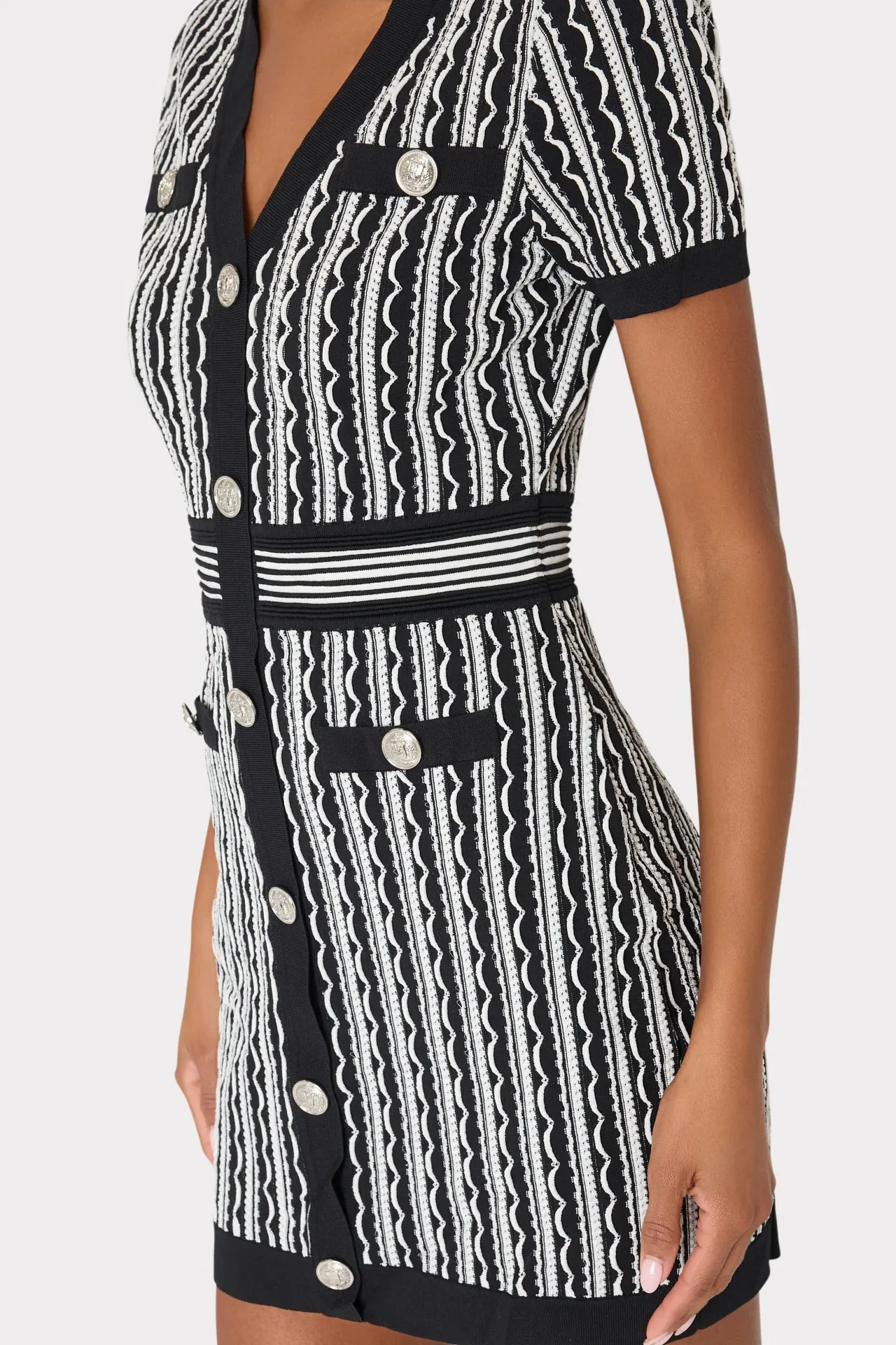 Scallop Textured V Neck Knit Mini Dress Black Multi - Milly