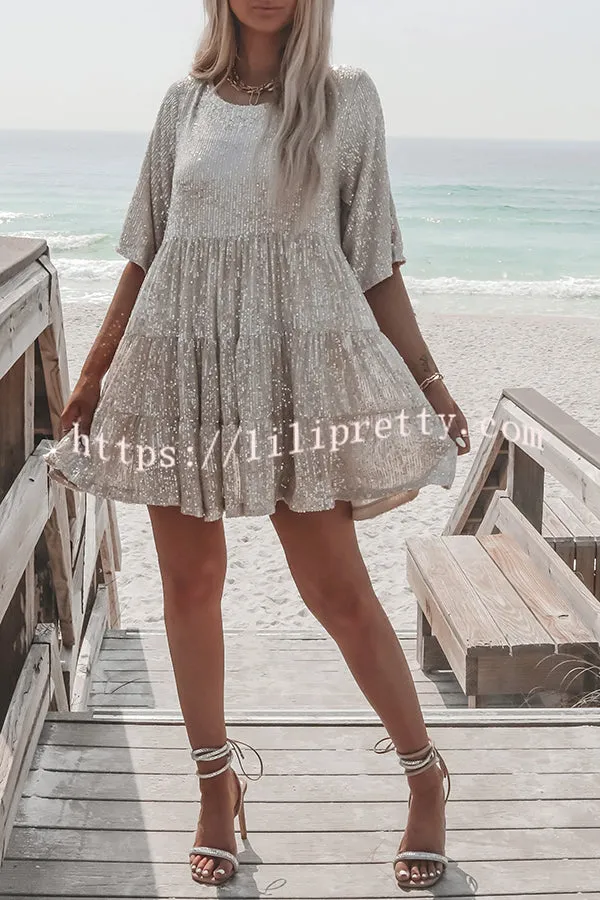 Sequined Round Neck Cute Style Mini Dress