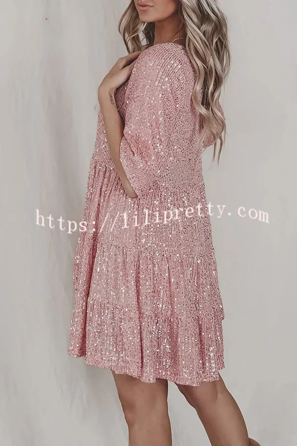 Sequined Round Neck Cute Style Mini Dress