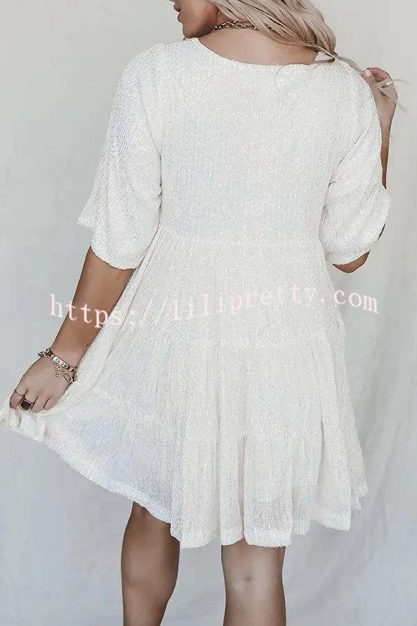Sequined Round Neck Cute Style Mini Dress