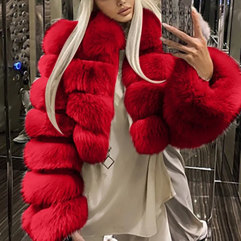 Short Faux Fox Fur Coat Women Elegant Thick Warm Fur Coat For High Quality Fluffy Raccoon Faux Fur Coat
