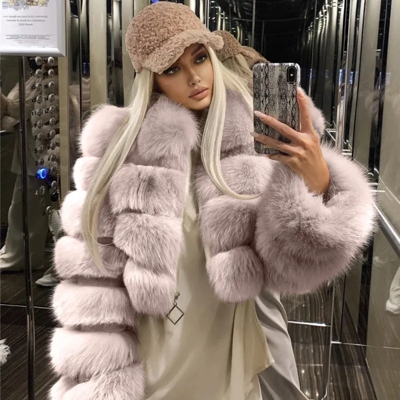 Short Faux Fox Fur Coat Women Elegant Thick Warm Fur Coat For High Quality Fluffy Raccoon Faux Fur Coat
