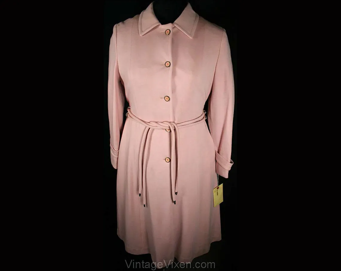 Size 12 Pink Coat - Chic 1960s Large Tailored Coat with Metal Hardware - Sophisticated 60s Deadstock by Count Romi With Tie Belt - Bust 40