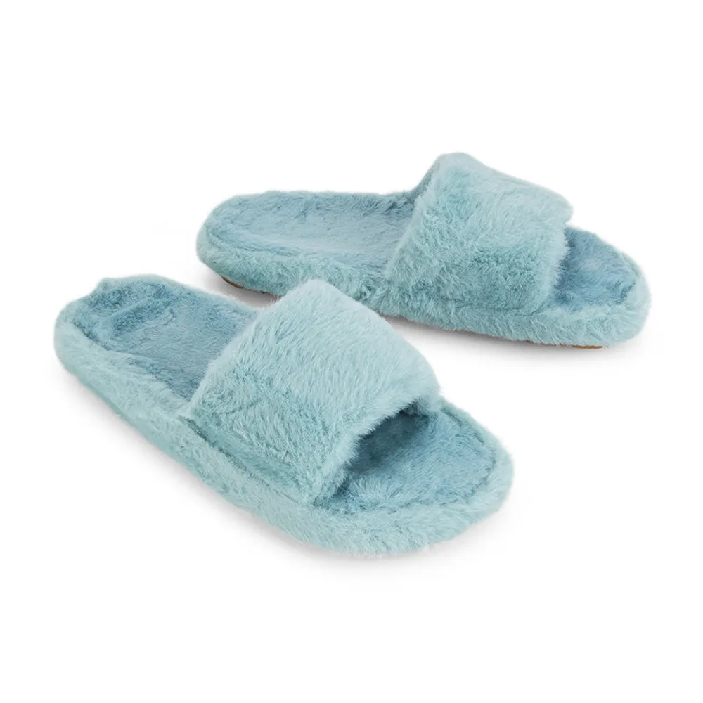 Tally Flat Fluffy Faux Fur Thick Front Strap Slider Women???s Slippers in Grey