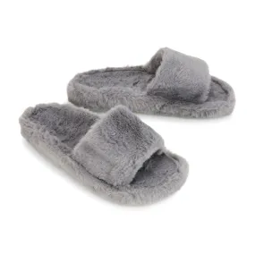 Tally Flat Fluffy Faux Fur Thick Front Strap Slider Women???s Slippers in Grey