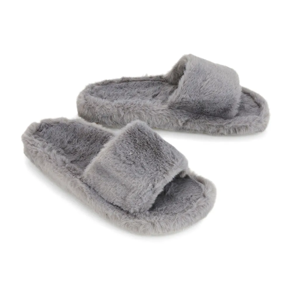 Tally Flat Fluffy Faux Fur Thick Front Strap Slider Women???s Slippers in Grey
