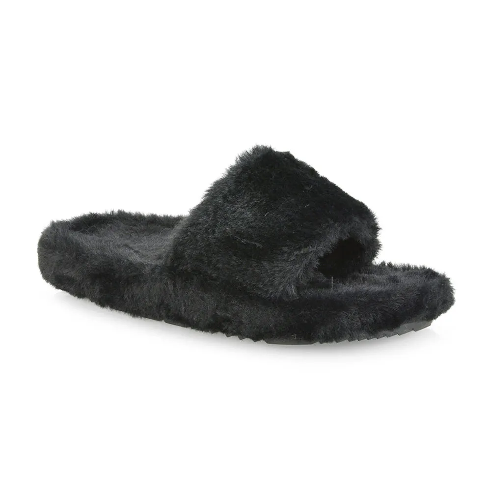 Tally Flat Fluffy Faux Fur Thick Front Strap Slider Women???s Slippers in Grey