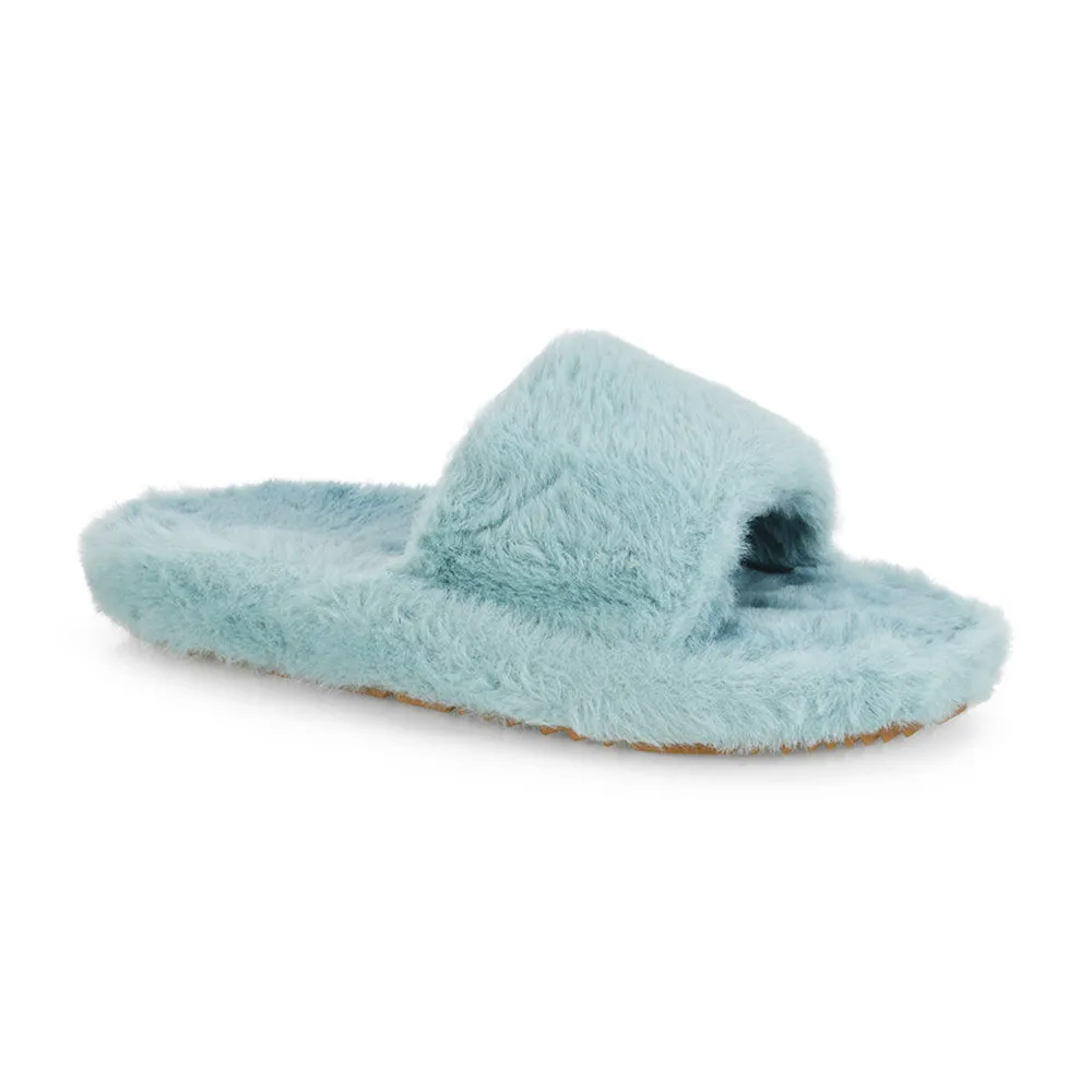 Tally Flat Fluffy Faux Fur Thick Front Strap Slider Women???s Slippers in Grey