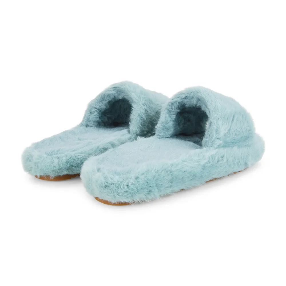Tally Flat Fluffy Faux Fur Thick Front Strap Slider Women???s Slippers in Grey