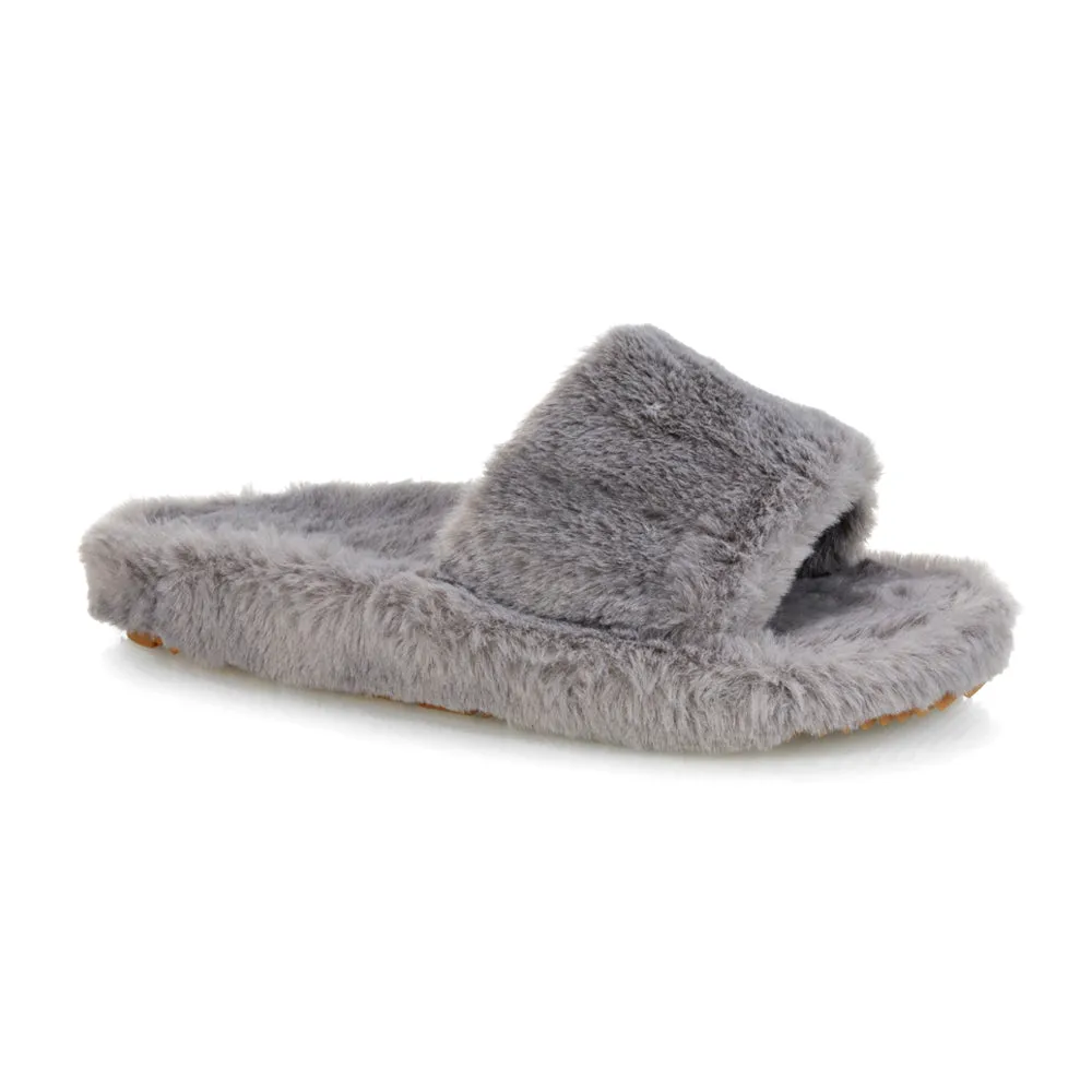 Tally Flat Fluffy Faux Fur Thick Front Strap Slider Women???s Slippers in Grey