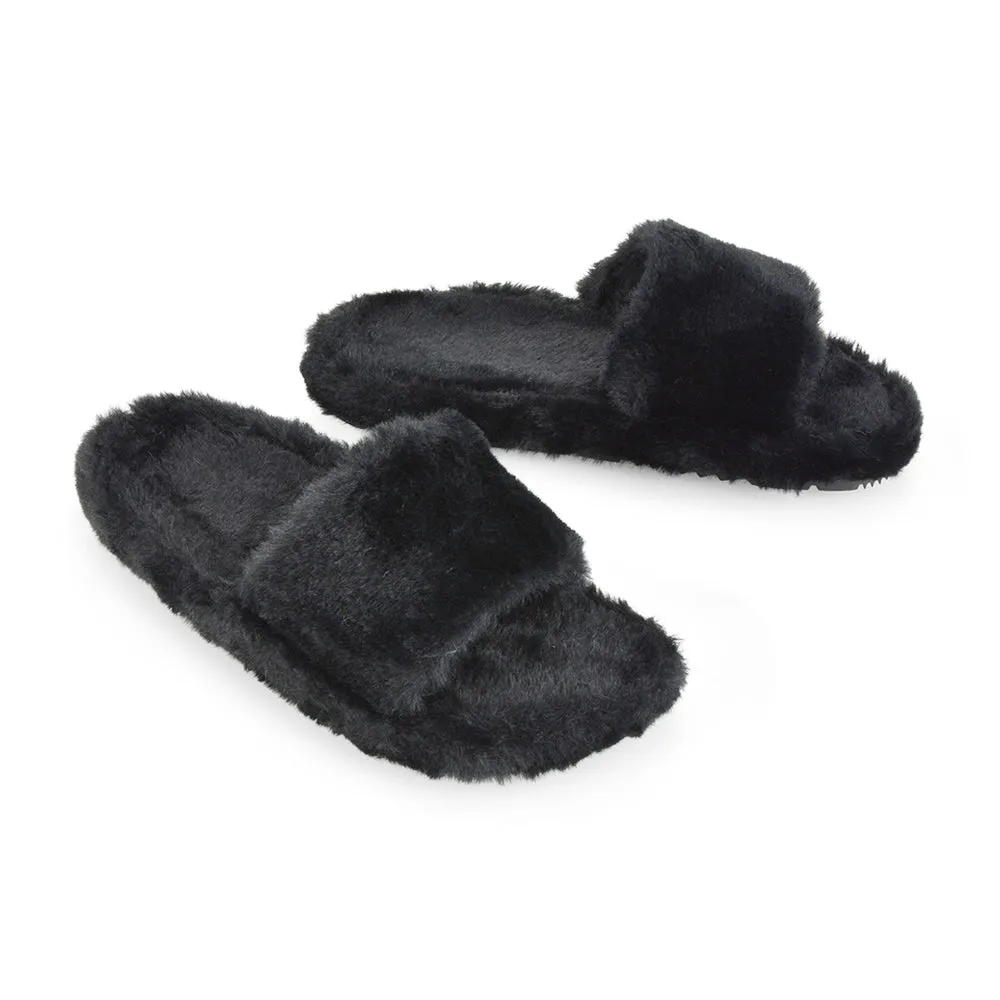 Tally Flat Fluffy Faux Fur Thick Front Strap Slider Women???s Slippers in Grey