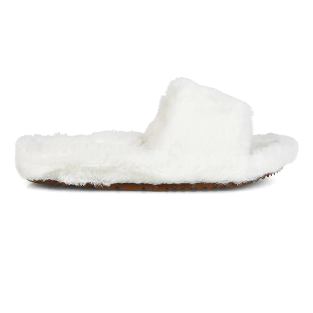 Tally Flat Fluffy Faux Fur Thick Front Strap Slider Women???s Slippers in Grey
