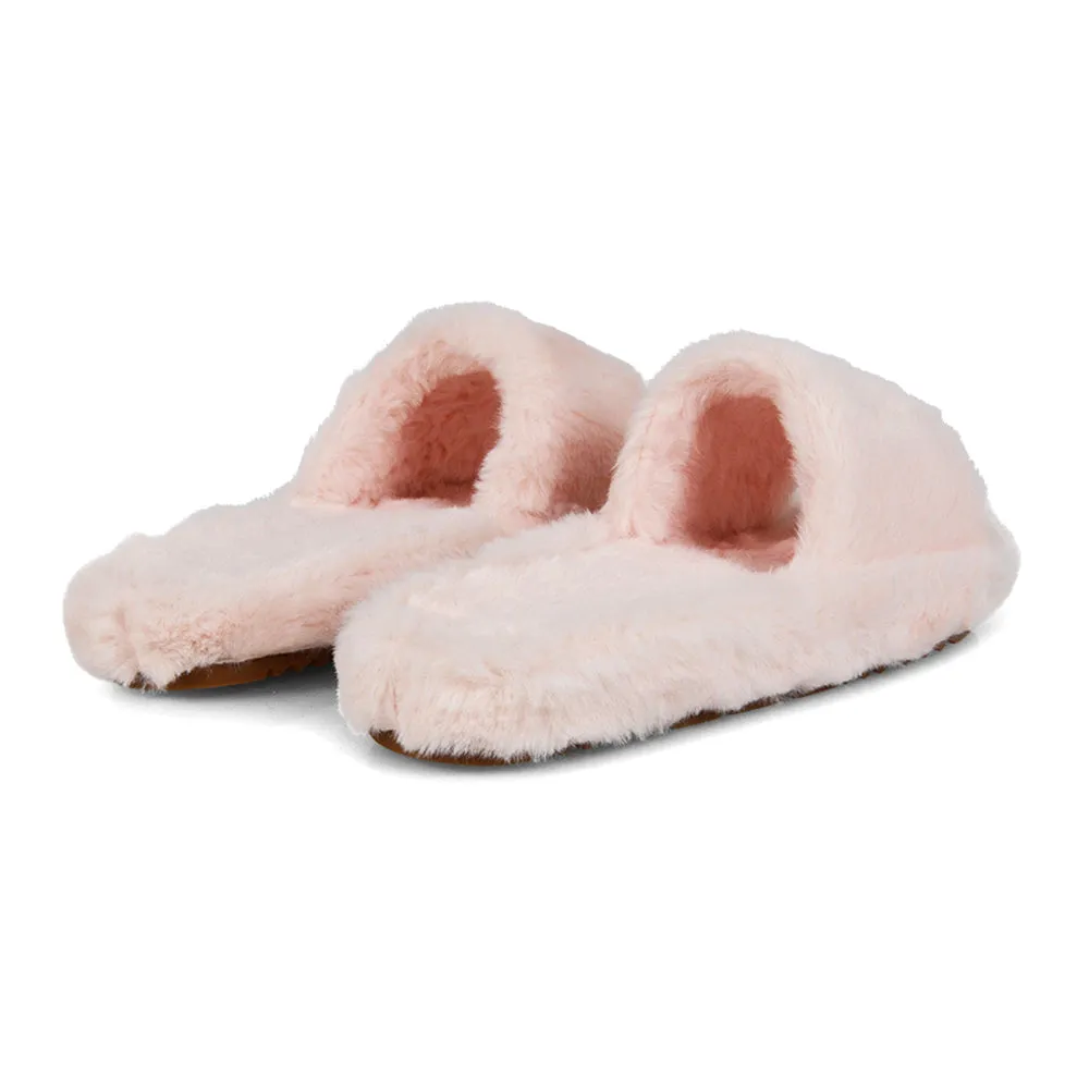 Tally Flat Fluffy Faux Fur Thick Front Strap Slider Women???s Slippers in Grey