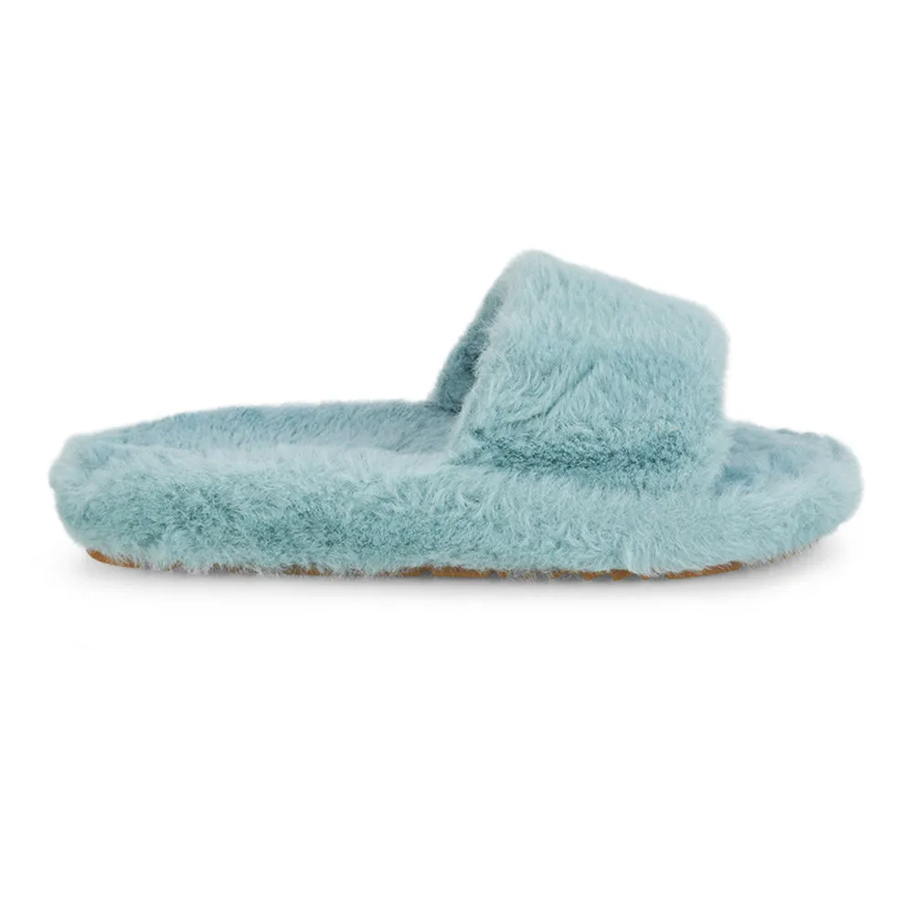 Tally Flat Fluffy Faux Fur Thick Front Strap Slider Women???s Slippers in Grey