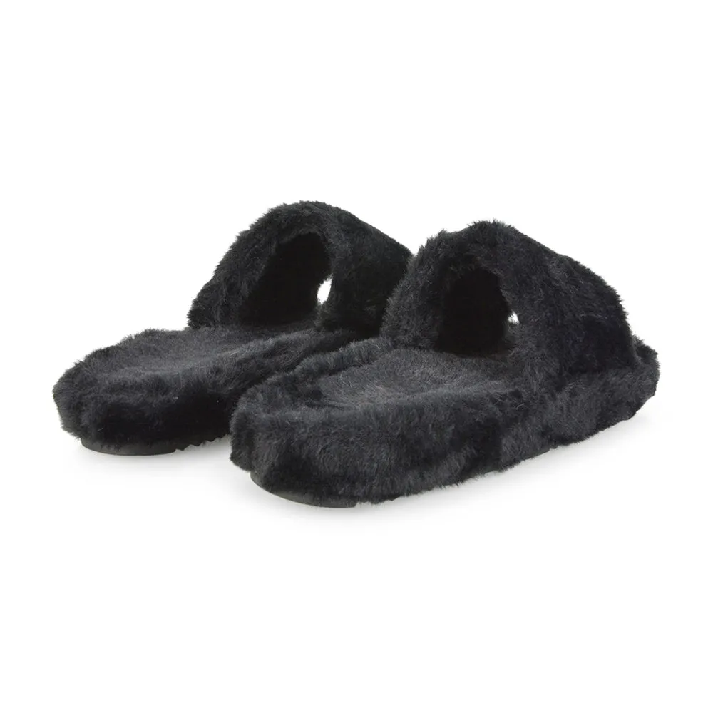 Tally Flat Fluffy Faux Fur Thick Front Strap Slider Women???s Slippers in Grey
