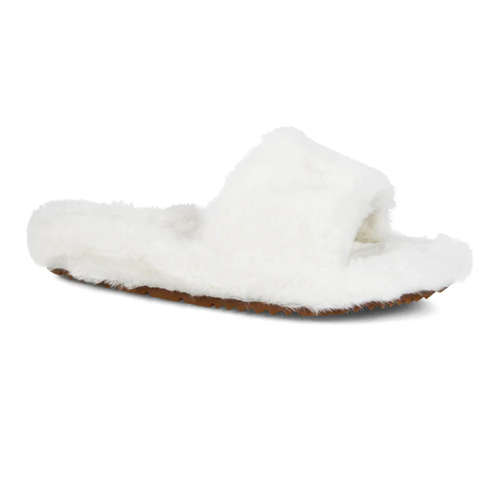 Tally Flat Fluffy Faux Fur Thick Front Strap Slider Women???s Slippers in Grey