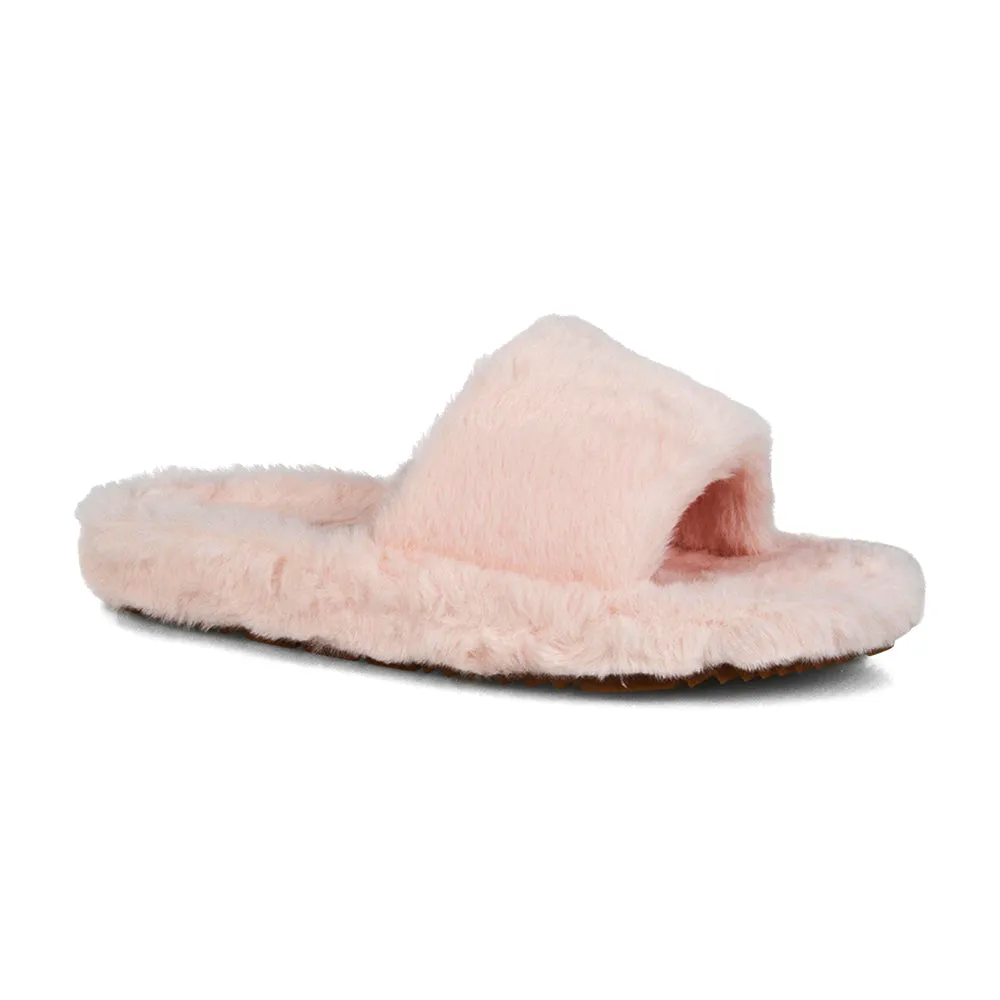 Tally Flat Fluffy Faux Fur Thick Front Strap Slider Women???s Slippers in Grey