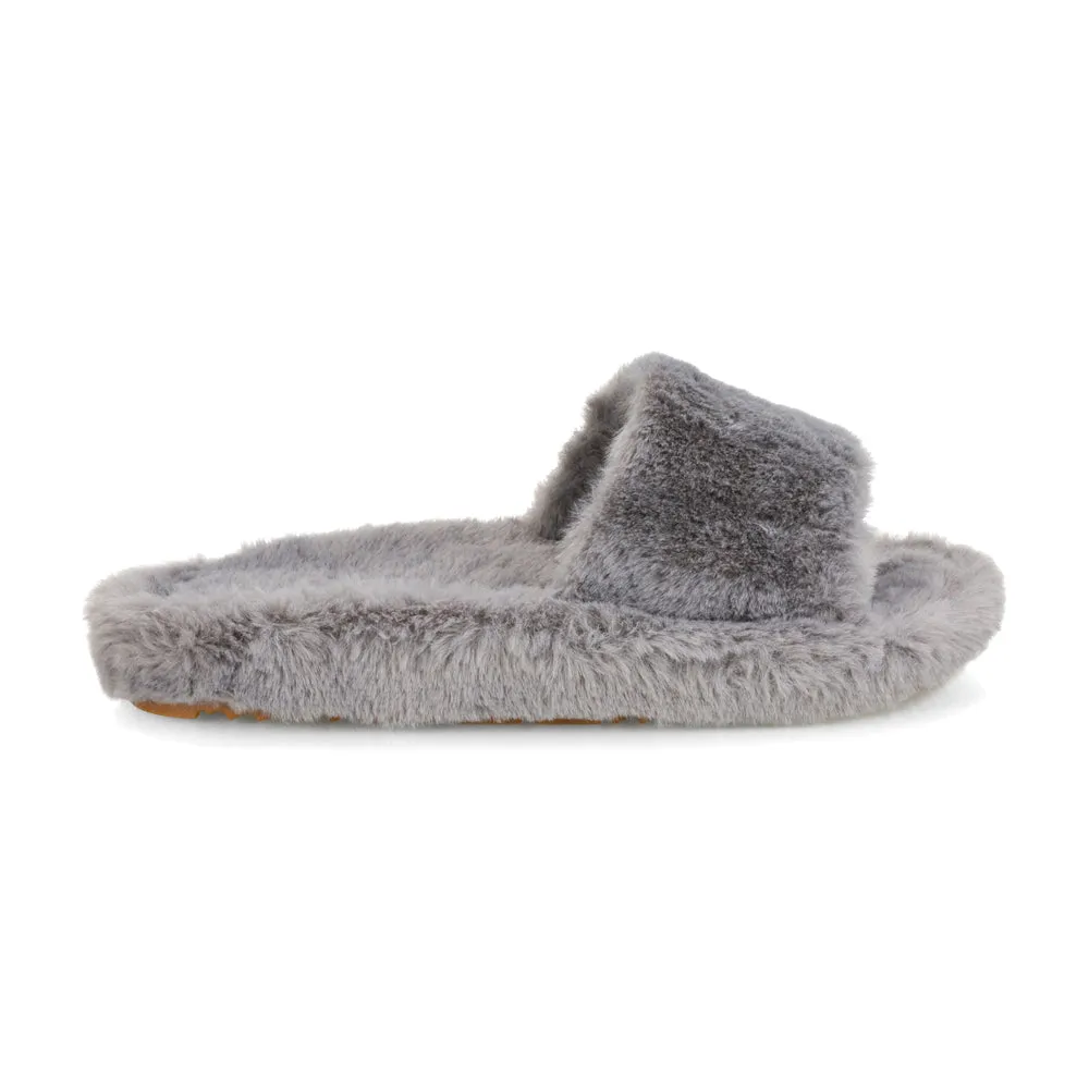 Tally Flat Fluffy Faux Fur Thick Front Strap Slider Women???s Slippers in Grey