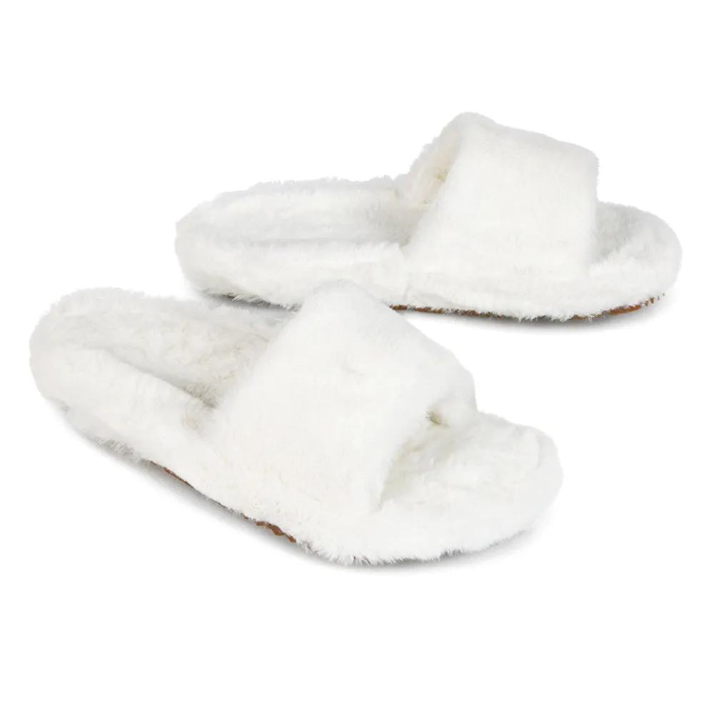 Tally Flat Fluffy Faux Fur Thick Front Strap Slider Women???s Slippers in Grey
